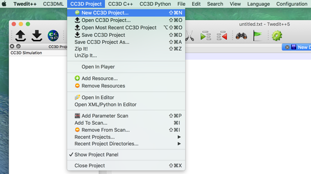 Figure 1 Invoking the CompuCell3D Simulation Wizard from Twedit++.